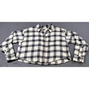 American Eagle Womens Small Black White Buffalo Plaid Cropped Flannel‎ Shirt S